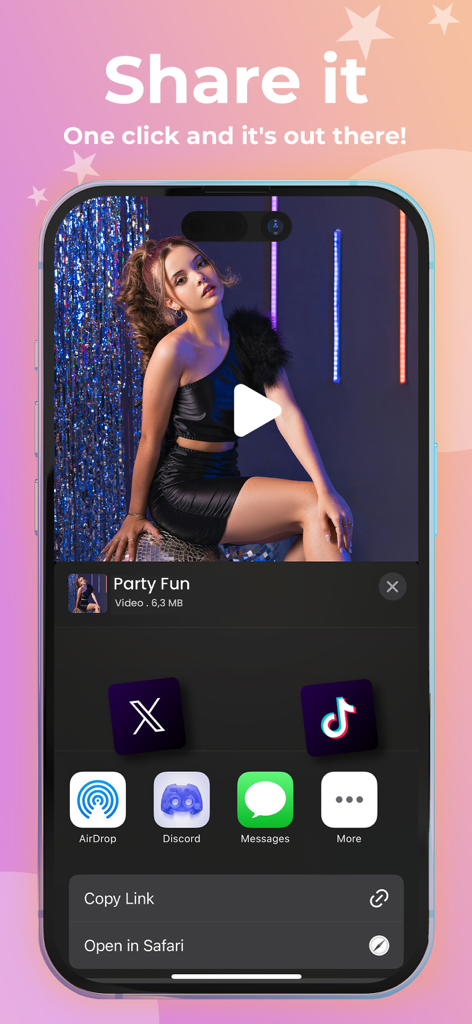 Boomerang Video Maker - Sharing interface of the Boomerang Video Maker app showing export options to TikTok X and Discord