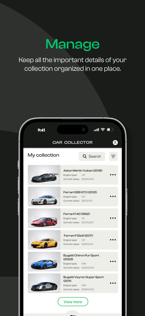 Car Collector - A luxury car collection management screen in the Car Collector app displaying high-end vehicles like Ferrari and Bugatti with their engine types and market values.