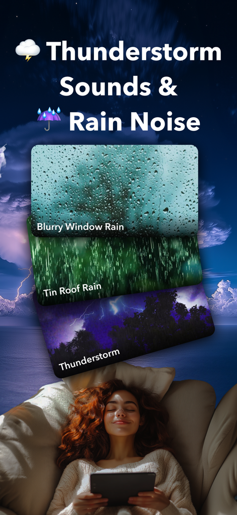 Thunderstorm Sleep Sounds - Interface of Thunderstorm Sleep Sounds app showing visual soundscapes for rain and thunderstorms