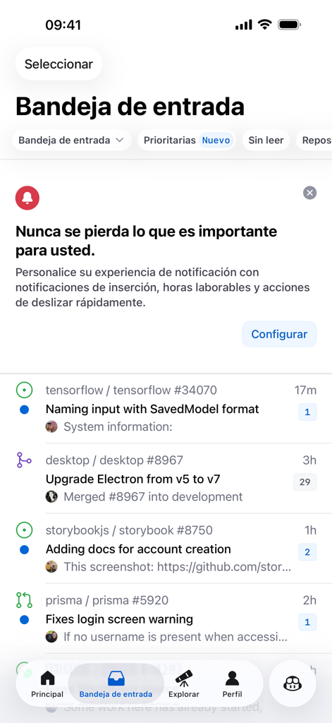 GitHub iOS app inbox screen showing a list of repository activity, issues, and pull requests.