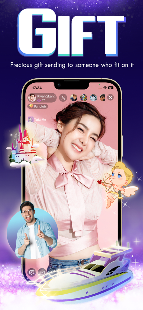 TakeMe - Live Stream - TakeMe app interface showing a live stream with a smiling woman and animated virtual gifts like a yacht and cupid.