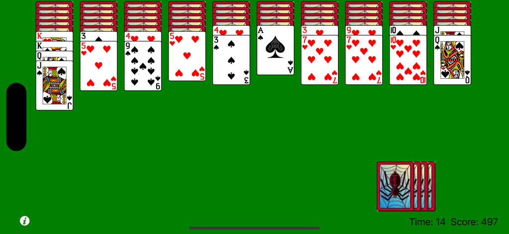 Classic Spider - Interface de jogabilidade do Spider Clássico mostrando baralhos retrô e uma interface de mesa verde.