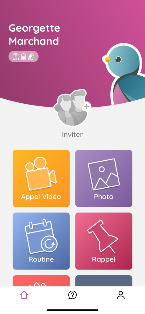 LiNote - LiNote app interface showing main menu buttons for video calls, photos, routines and reminders
