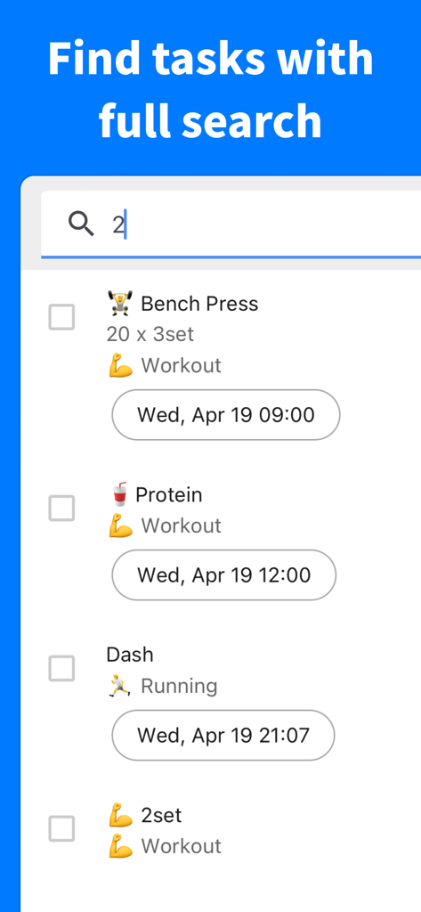 Resultados de búsqueda de tareas en la aplicación ToDo for Google que muestran actividades de entrenamiento y carrera
