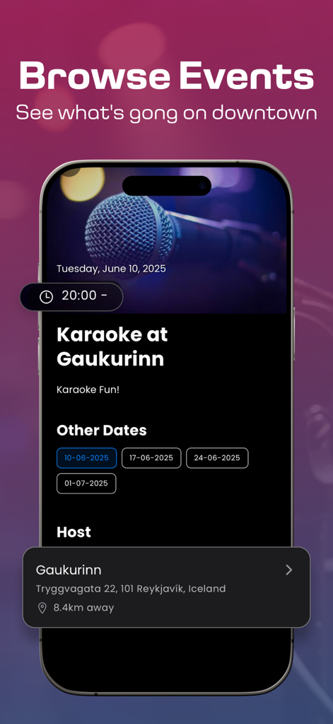 Barhopp - Happy Hour & Events - Schermata dell'app Barhopp che mostra un evento karaoke al Gaukurinn a Reykjavik