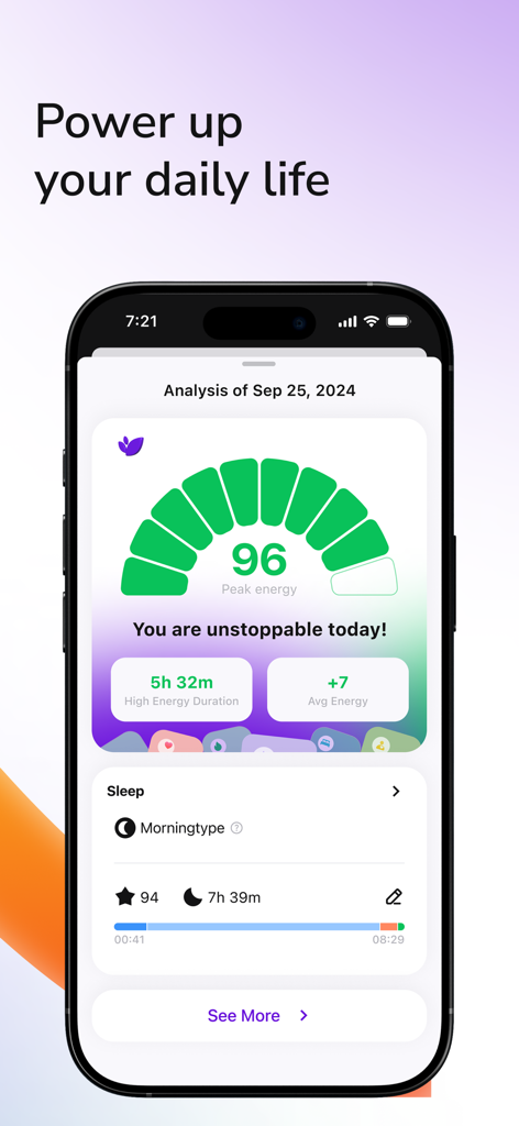 Lifestack: Circadian Planner - Lifestack app dashboard displaying a peak energy score of 96 and sleep analysis metrics for productivity optimization.