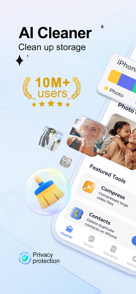 Spark Cleaner: Clean Storage - Spark Cleaner app interface displaying AI storage cleanup features and featured tools for video compression and contact management