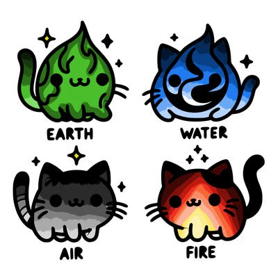 4 cats that represent the different elements, earth, water, air, and fire