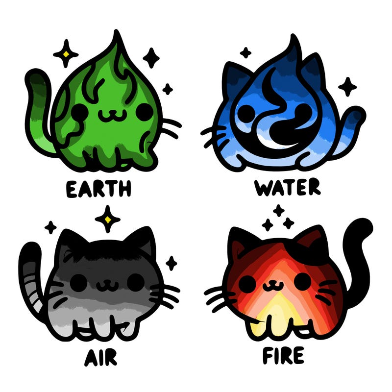 4 cats that represent the different elements, earth, water, air, and fire