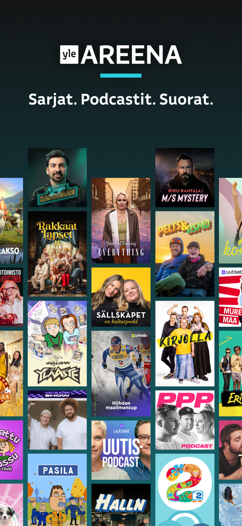 Screenshot dell'interfaccia dell'app Yle Areena con il suo logo e una vasta raccolta di poster di spettacoli e podcast finlandesi.
