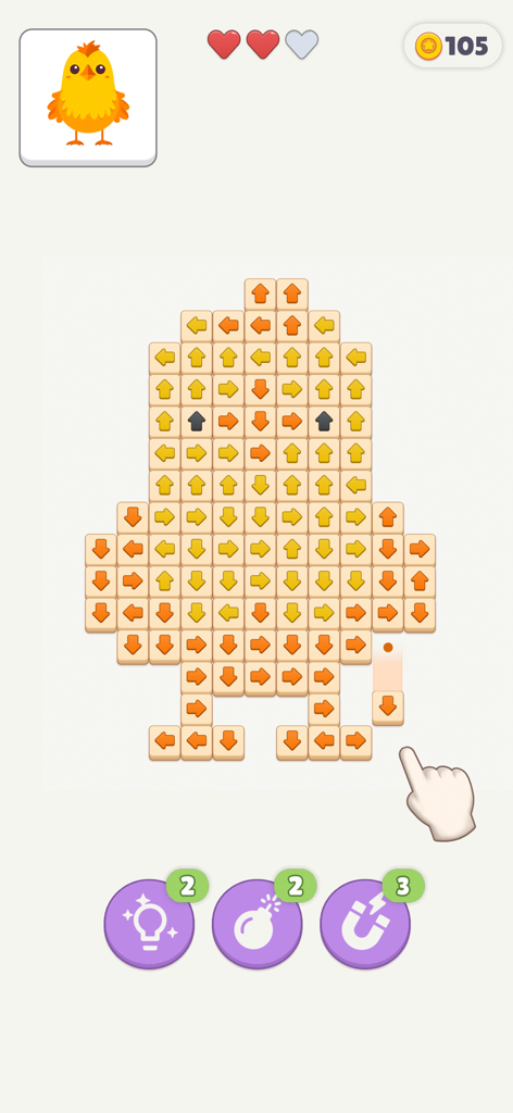 Una captura de pantalla del juego de Tap Gallery que muestra un rompecabezas con forma de pollito hecho de bloques de flechas amarillas
