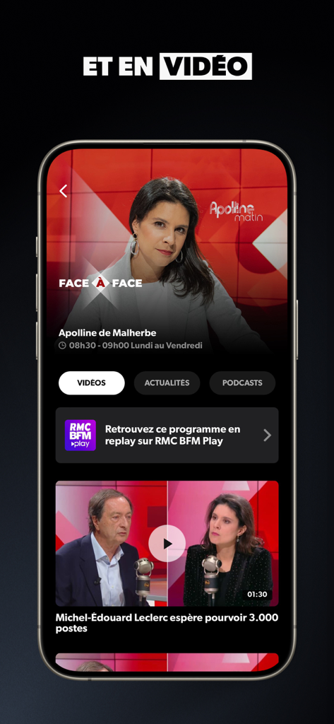 Interfaccia dell'app RMC Radio che mostra la replica di un'intervista video con Apolline de Malherbe