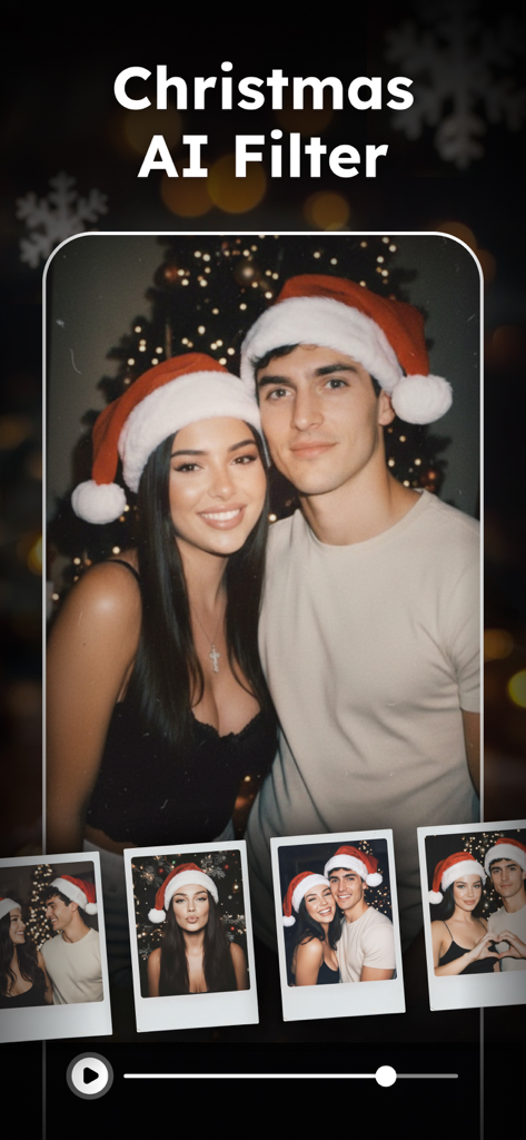 A couple wearing Santa hats in front of a decorated tree using the Christmas AI filter.