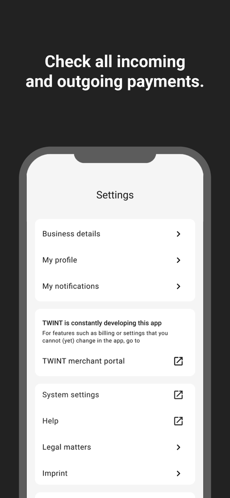 TWINT Business Portal - Screenshot des TWINT Business Portal Einstellungsmenüs in der mobilen App, der Geschäftsdetails und Profileinstellungen anzeigt