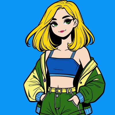 a realistic girl with a crop top and short shorts in an open jacket