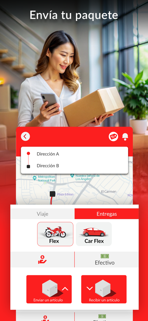 Wageen: Pide tu viaje - Wageen mobile app interface for package delivery showing options to send and receive items