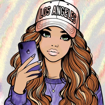 realistic beautiful girl wearing los ángeles cap holding an iphone