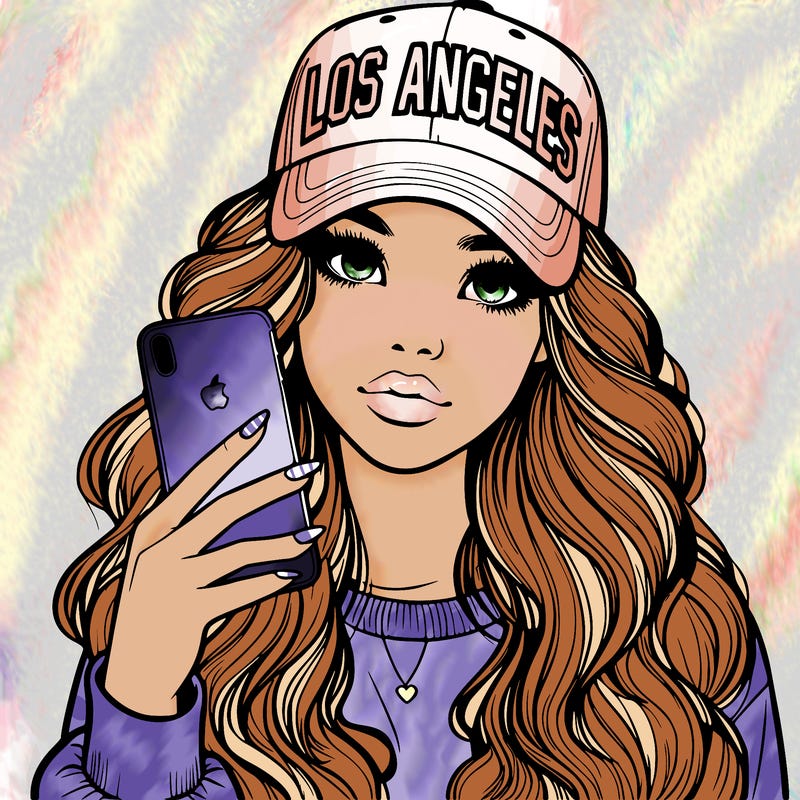 realistic beautiful girl wearing los ángeles cap holding an iphone