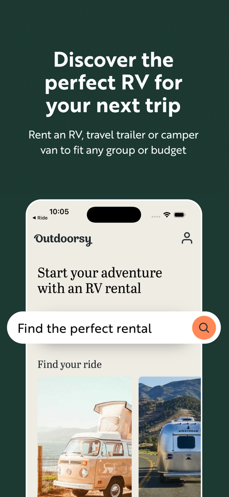 Outdoorsy - Rent an RV - Outdoorsy mobile app interface for searching and renting RVs and camper vans