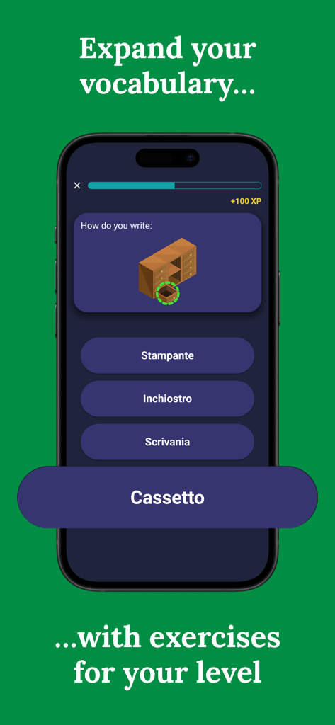 Learn Italian (Beginners) - Teléfono inteligente mostrando un ejercicio de vocabulario en la aplicación Aprende Italiano para principiantes con una imagen de un cajón de escritorio y opciones de palabras en italiano