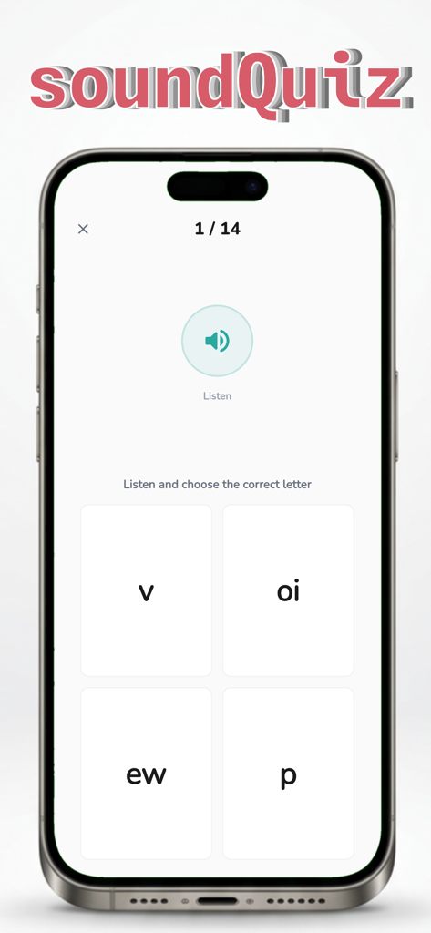 Phonics Sense - Uma interface de quiz de sons no aplicativo Phonics Sense mostrando um exercício de audição para aprendizado de fonética.