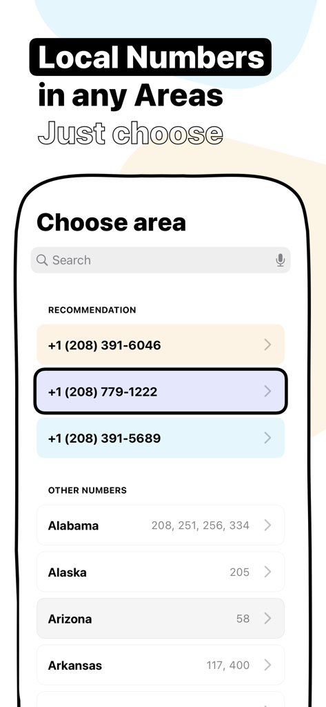 Text ON: Call Now Second Phone - Interfaz de la aplicación para seleccionar un número de teléfono secundario local por código de área o estado de EE. UU.