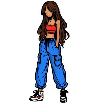 girl in baggy pants crop top and long hair