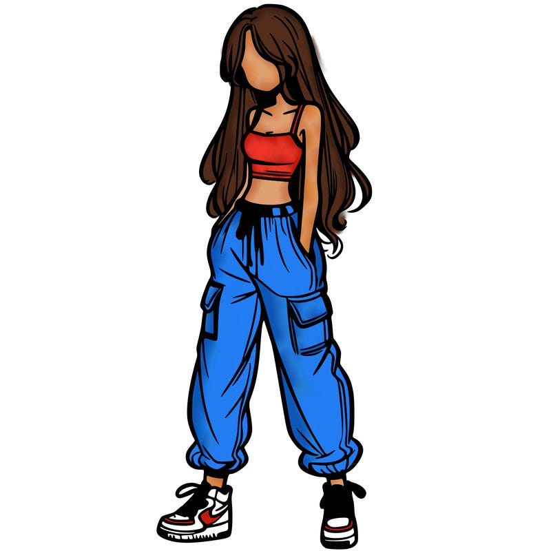girl in baggy pants crop top and long hair