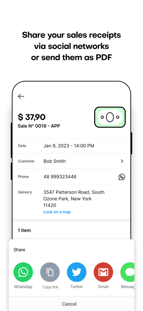 Nex: sales app for stores - Interface of Nex app showing a sales receipt with options to share via WhatsApp Twitter and Gmail