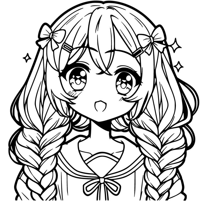 anime girl with two big braids in front and one big braid in the back
