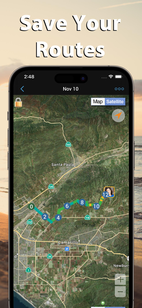 iRunner Run & Jog Tracker - Un mapa satelital que muestra una ruta de carrera guardada con marcadores de milla en la aplicación iRunner