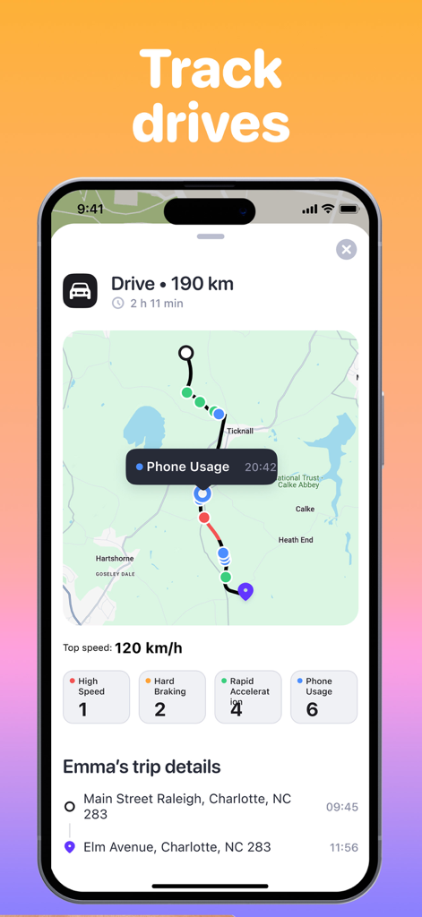 Interfaz de la aplicación móvil Famio que muestra informes de conducción detallados que incluyen la ruta del mapa y alertas de seguridad para un miembro de la familia