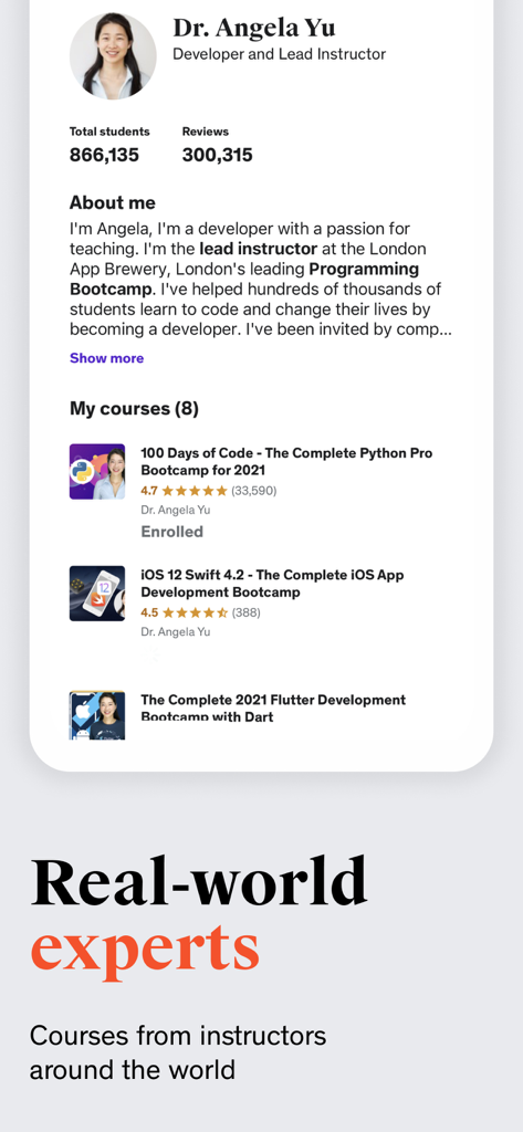 A profile page for an expert instructor on the Udemy app showing student ratings and professional course listings