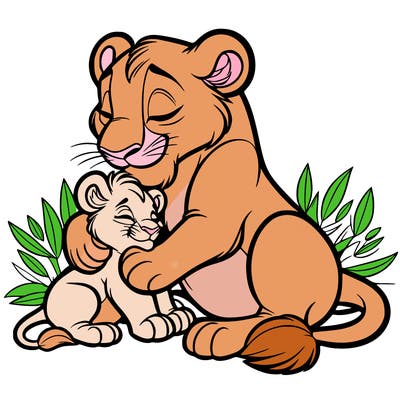 lioness cuddling her cub