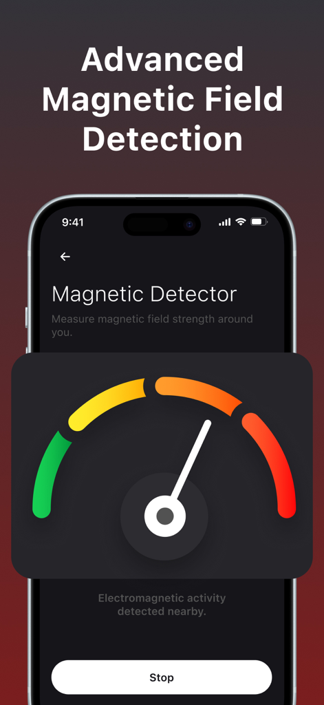 IR Pro Scan: Camera Detector - Interface de l'application IR Pro Scan montrant un indicateur de détecteur de champ magnétique mesurant l'activité électromagnétique à proximité sur un iPhone.