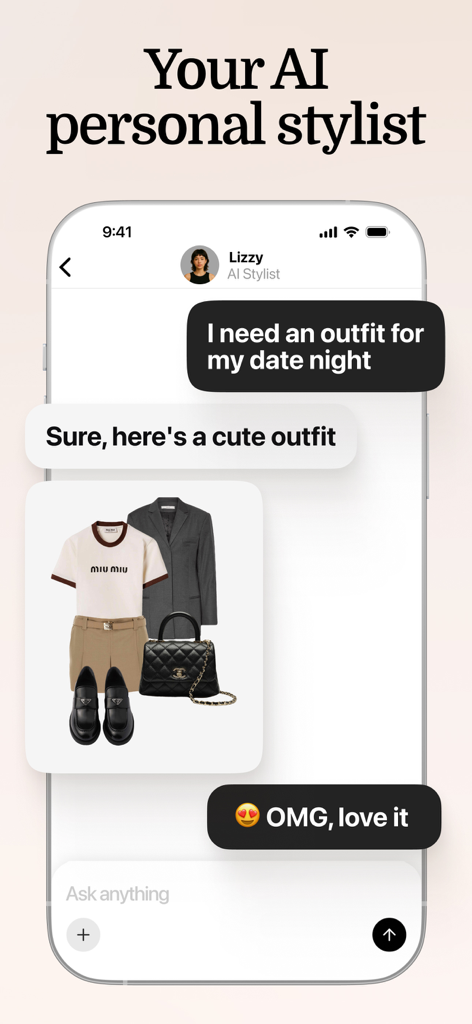 Fits – Outfit Planner & Closet - Fits app AI personal stylist recommending a date night outfit in a chat interface