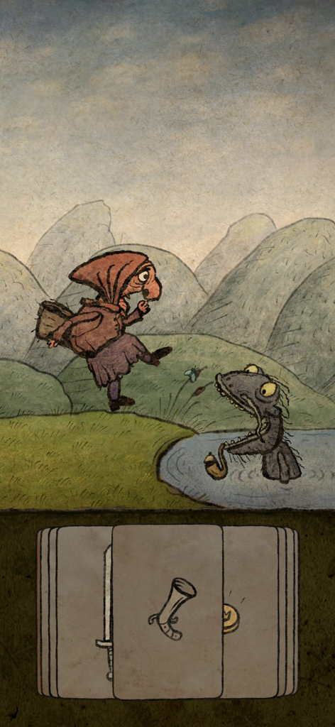 Pilgrims - A hand drawn pilgrim character walks toward a creature in a pond with item cards at the bottom