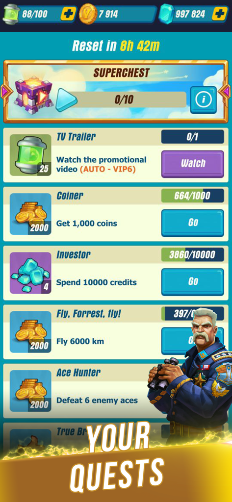 Menu delle missioni in HAWK Giochi di aerei spaziali che mostra missioni giornaliere e ricompense