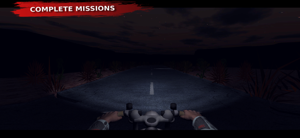 Vista en primera persona de una motocicleta conduciendo por una carretera oscura por la noche con el texto Completa Misiones
