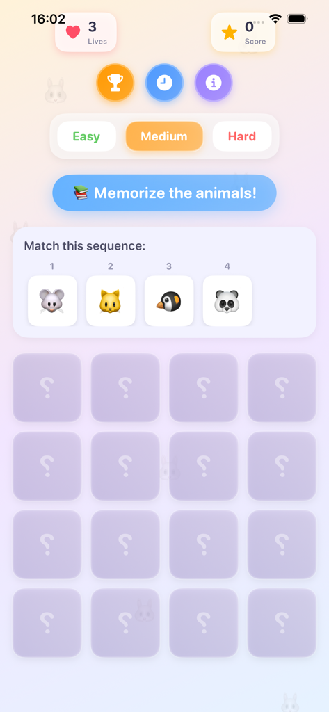 Tugomchi - 動物のシーケンスを一致させるモバイルゲームインターフェースと、隠されたカードのグリッド。