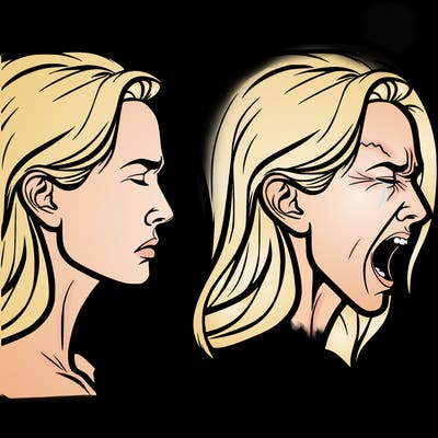 side profile outline of a woman’s face no features just an outline and inside the outline is a second woman screaming in exhaustion.