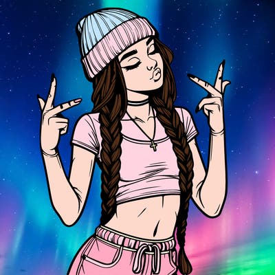 realistic teenage girl with braids and a beanie and crop top doing 🫶🏼