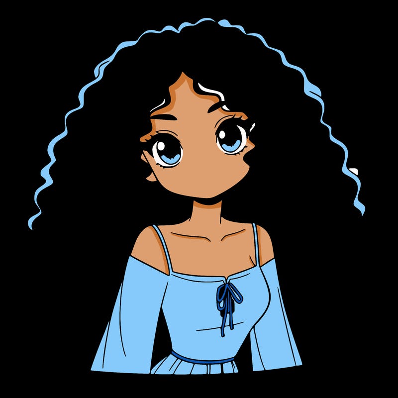 a black anime girl with long afro hair