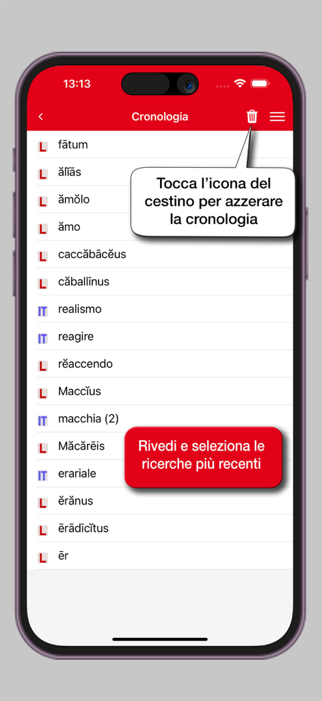Suchverlauf-Bildschirm der Hoepli Latin Dictionary App mit einer Liste kürzlich gesuchter lateinischer und italienischer Wörter und einer Option zum Löschen des Verlaufs.