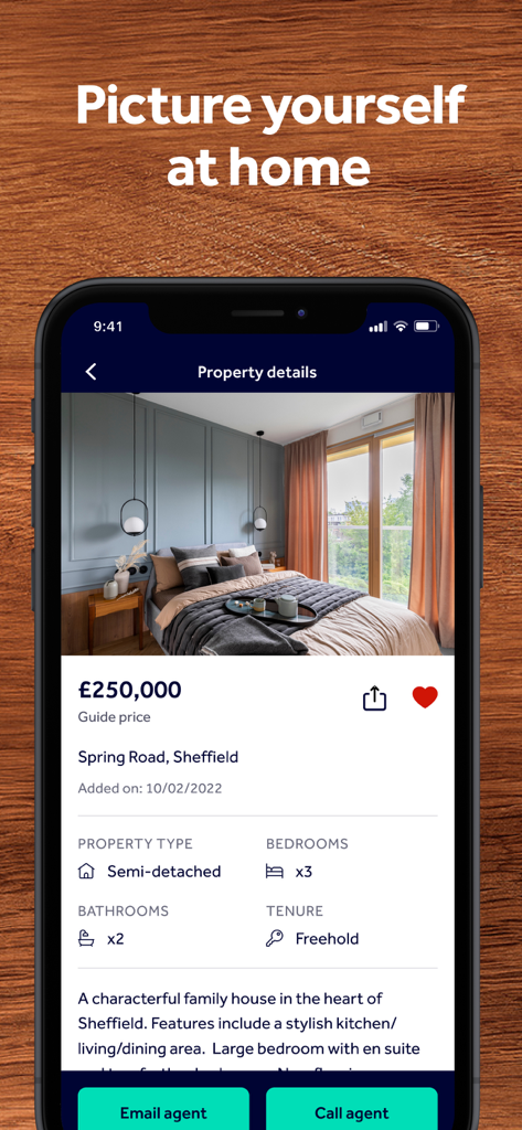 Rightmove property search - シェフィールドの家の物件詳細（寝室の写真と価格を含む）を表示するRightmoveアプリのスクリーンショット。