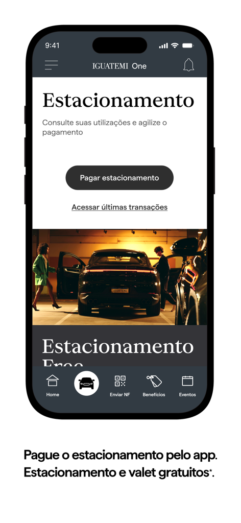 Pantalla de pago de aparcamiento y beneficios de aparcacoches de la aplicación Iguatemi One