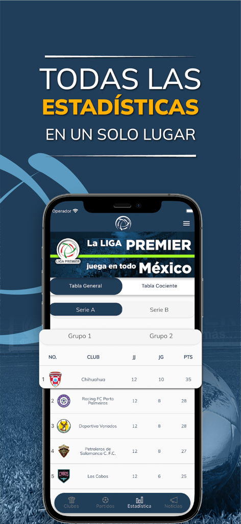 LIGA PREMIER Oficial - Liga Premier Oficial app screen showing Mexican soccer league standings and statistics.