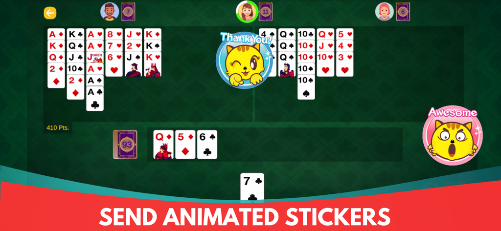 Gameplay screenshot of Bukharo Indian Buraco card game showing card sequences and animated stickers used for social interaction.