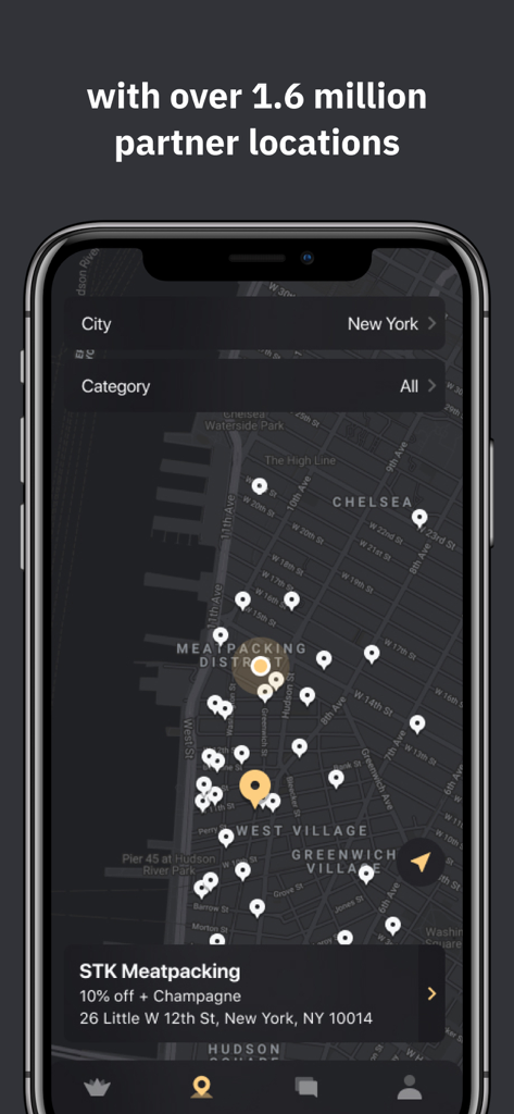 A map view within the SELECT Card app showcasing partner locations and exclusive member benefits in New York City.
