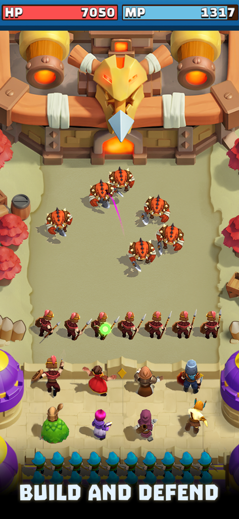 Wild Castle: Tower Defense TD - Jugabilidad de Wild Castle Tower Defense mostrando héroes y unidades defendiendo un castillo